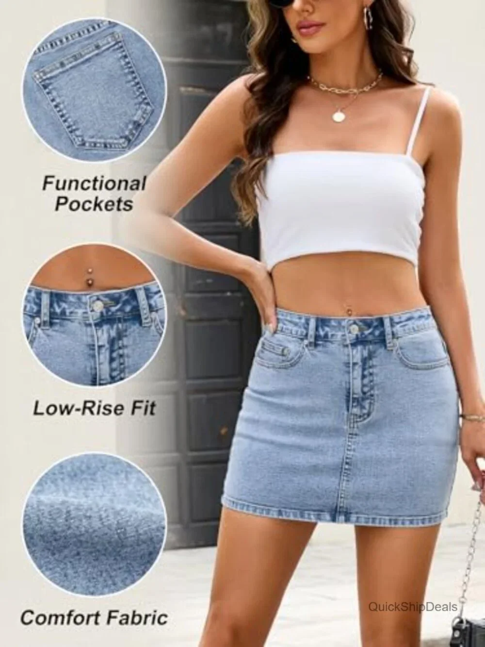 Women's Low Rise Mini Denim Skirt with Pockets Y2K Stretch 5 Pockets